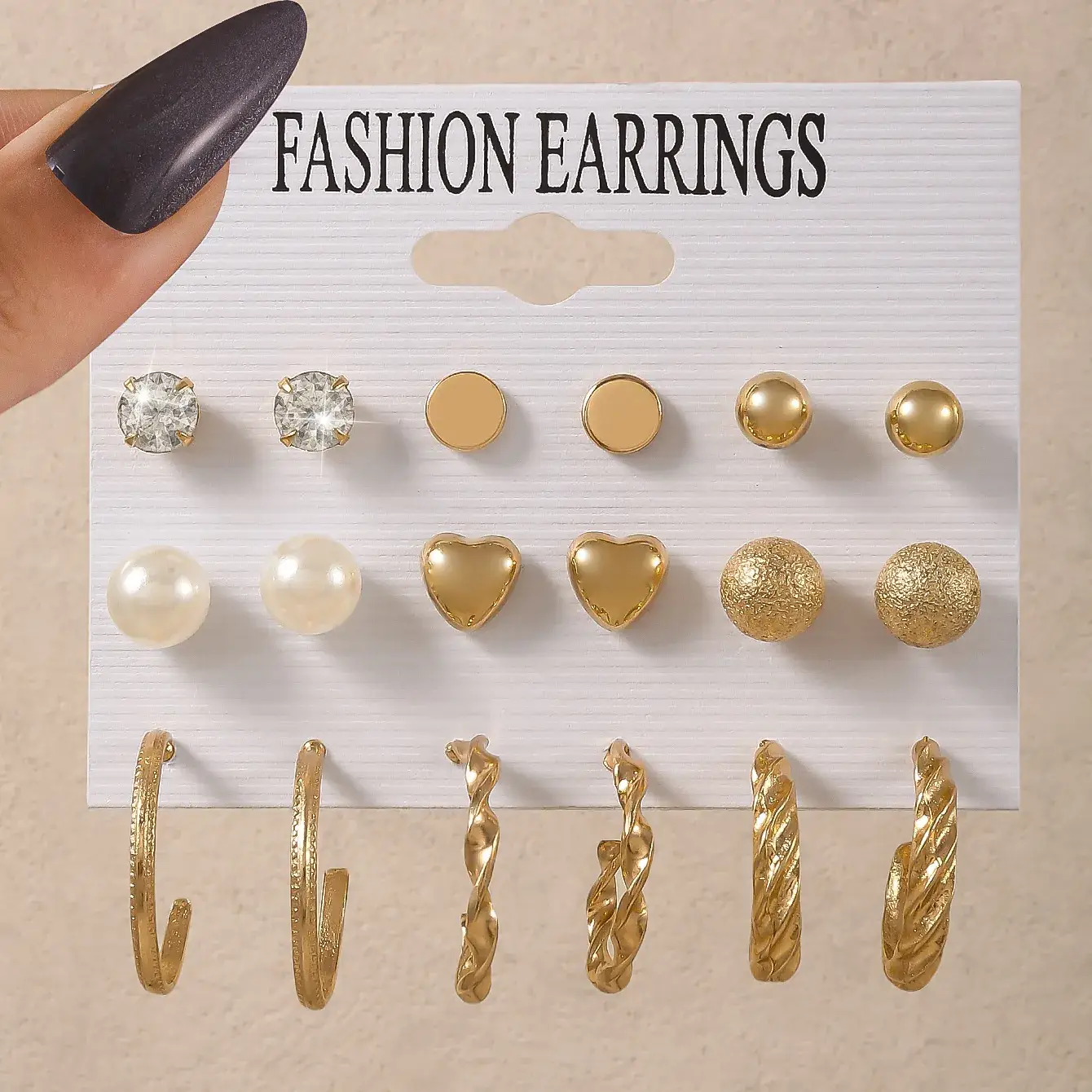 Fashion Earrings Set 6 Pcs Retro Gold Geometric Pearl & Crystal - Image 9