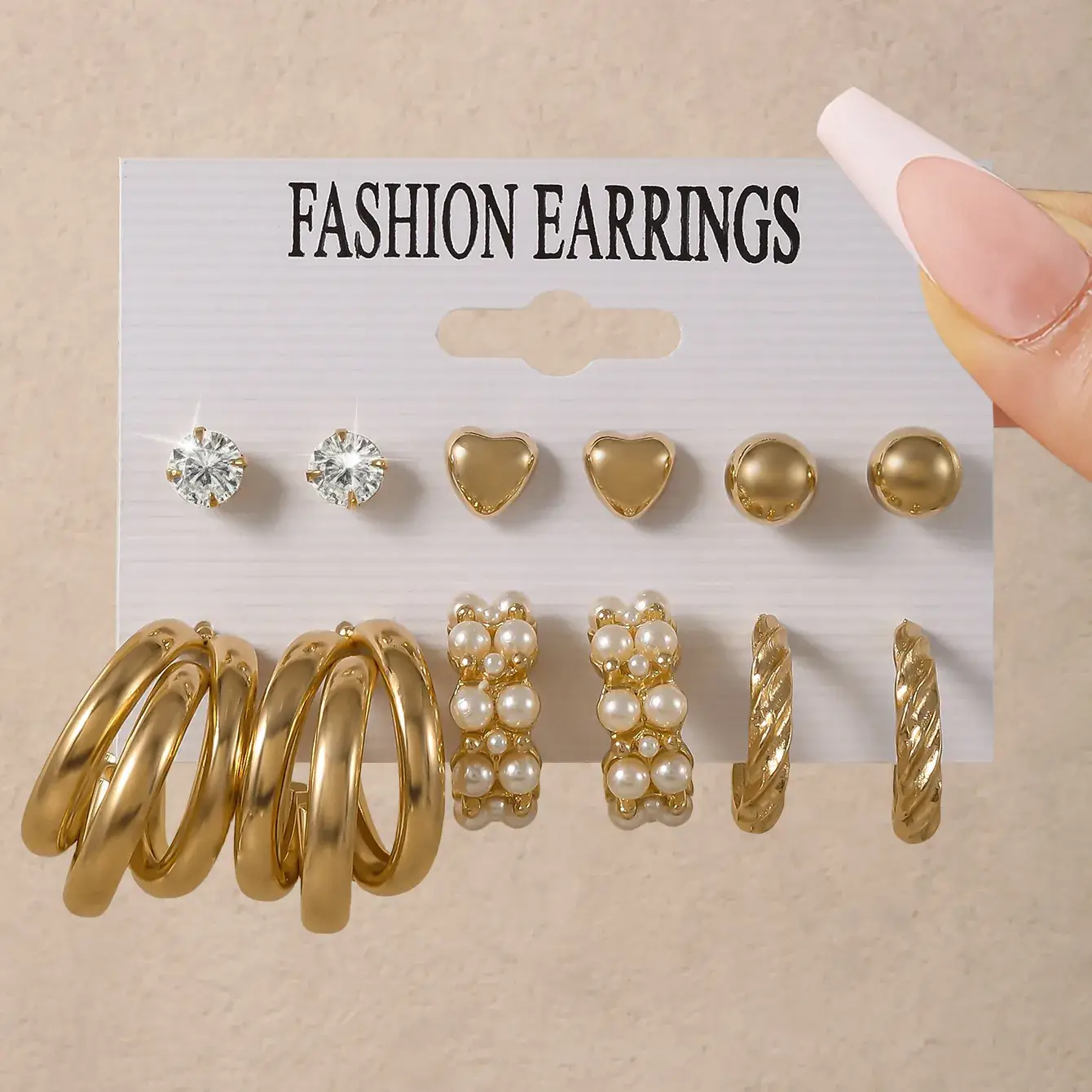 Fashion Earrings Set 6 Pcs Retro Gold Geometric Pearl & Crystal - Image 11