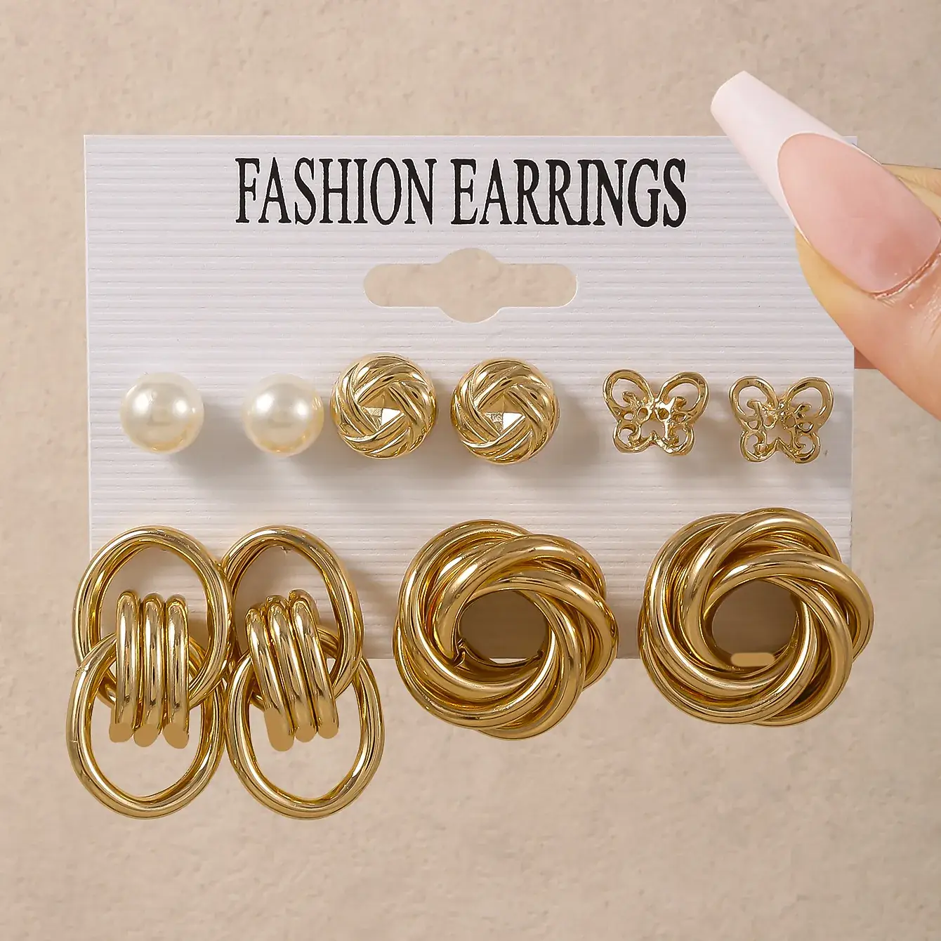 Fashion Earrings Set 6 Pcs Retro Gold Geometric Pearl & Crystal - Image 13