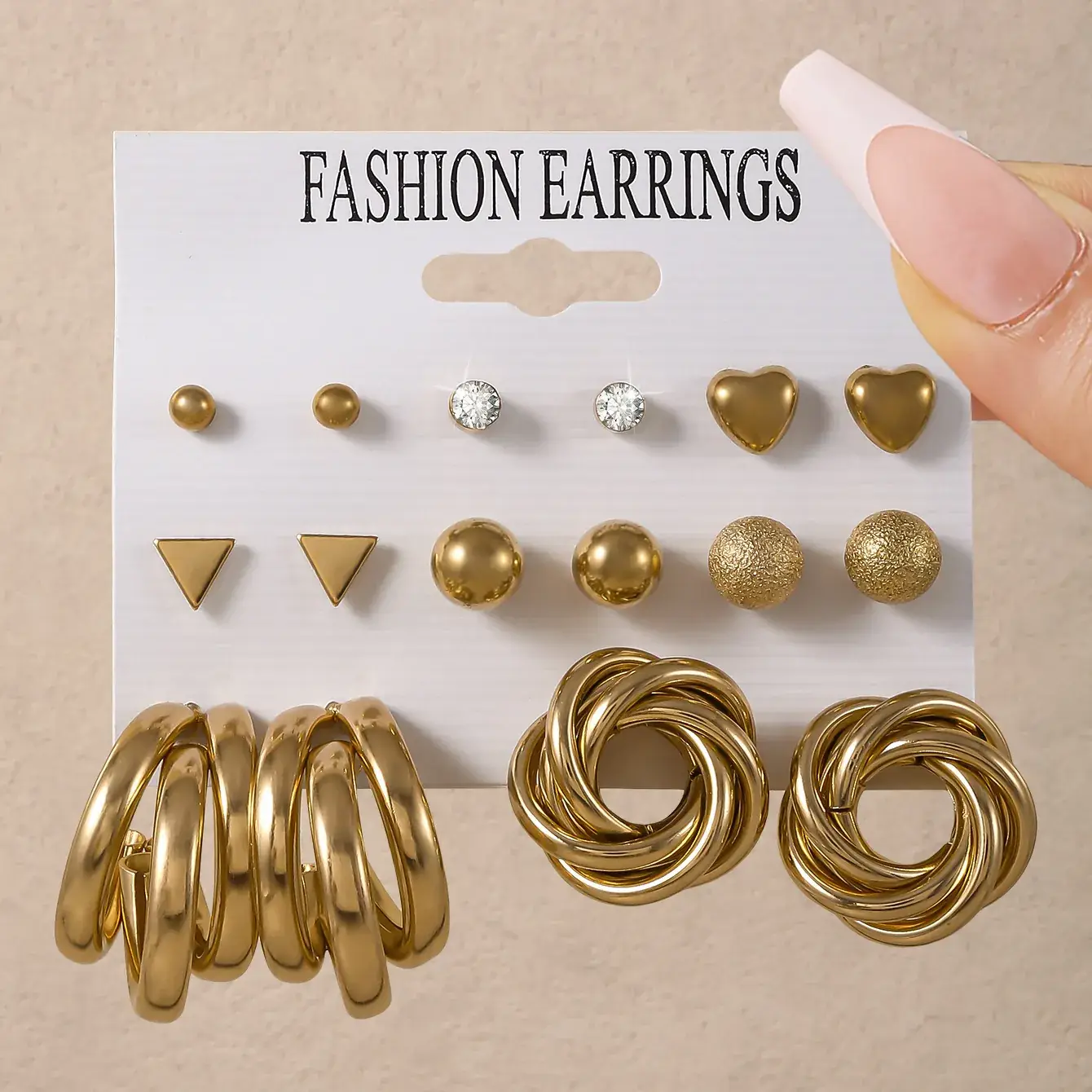 Fashion Earrings Set 6 Pcs Retro Gold Geometric Pearl & Crystal - Image 15