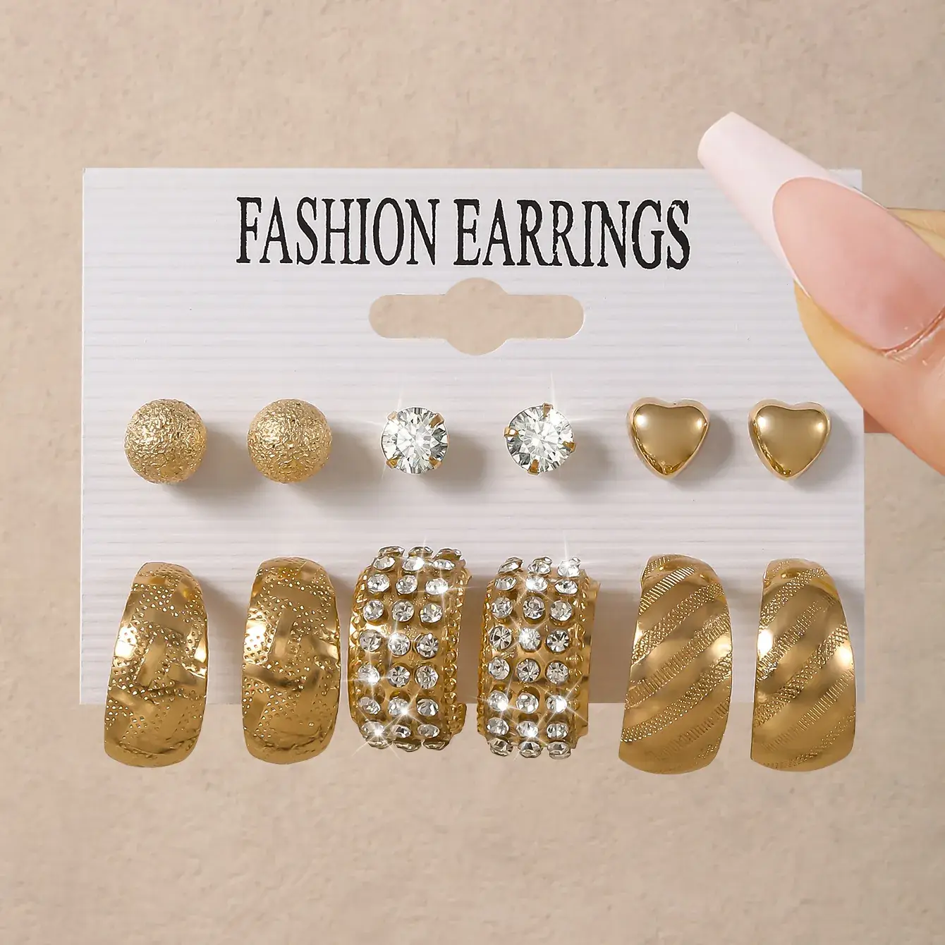 Fashion Earrings Set 6 Pcs Retro Gold Geometric Pearl & Crystal - Image 16