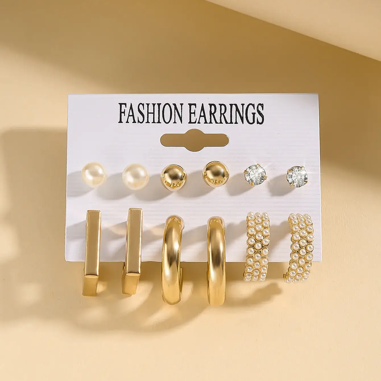 Fashion Earrings Set 6 Pcs Retro Gold Geometric Pearl & Crystal - Image 17
