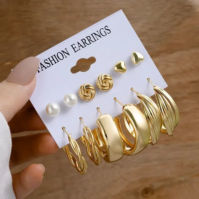 Fashion Earrings Set 6 Pcs Retro Gold Geometric Pearl & Crystal - Image 2