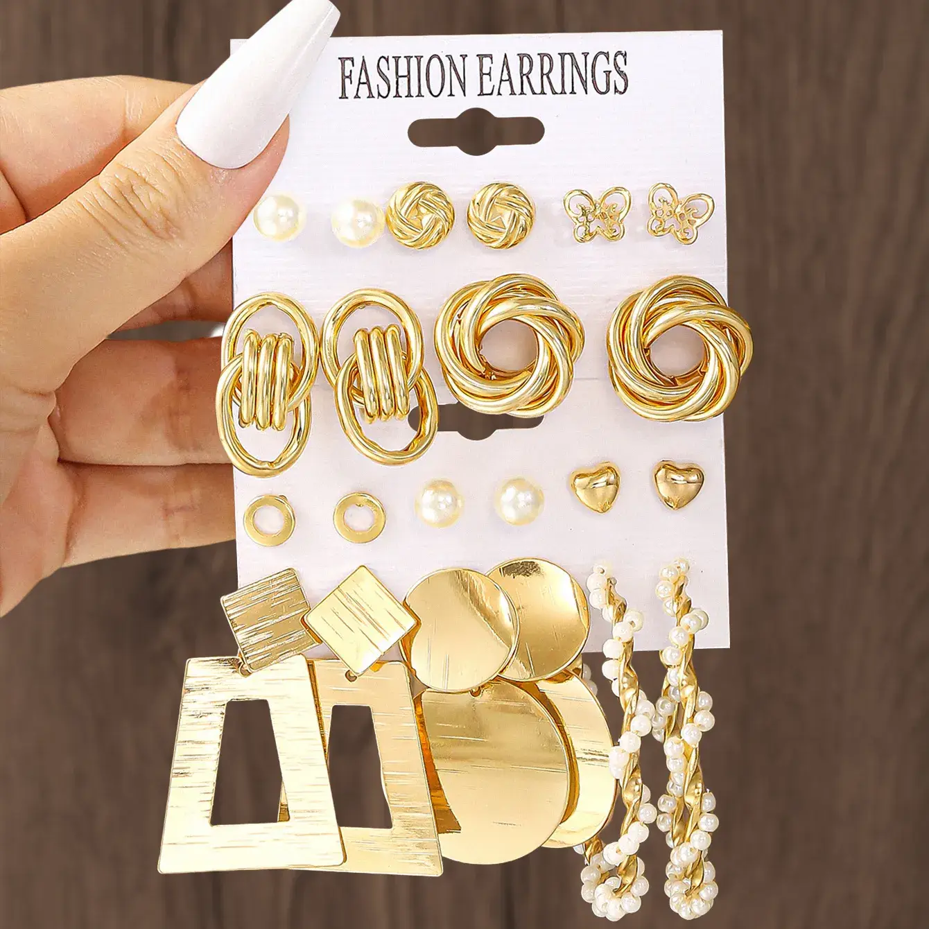 Fashion Earrings Set 6 Pcs Retro Gold Geometric Pearl & Crystal - Image 5
