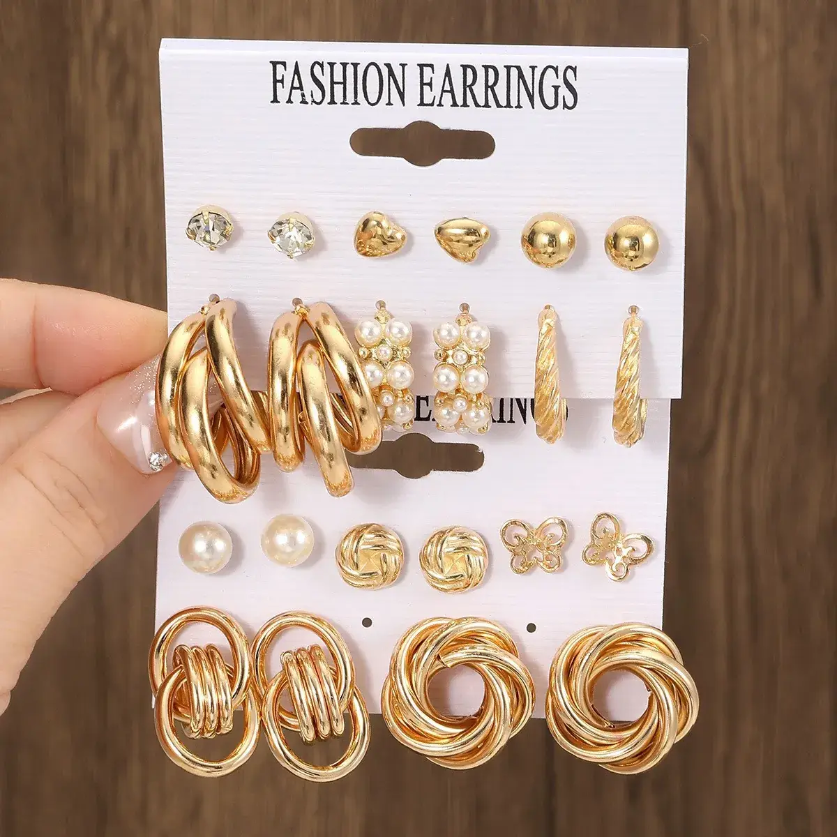 Fashion Earrings Set 6 Pcs Retro Gold Geometric Pearl & Crystal - Image 8
