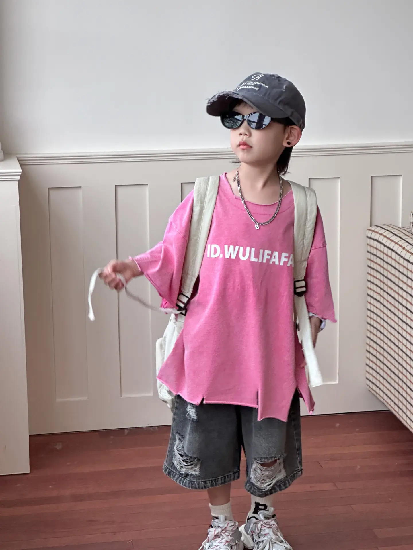 Pink Asymmetrical Kids T-Shirt with Cap & Shorts — feature 10