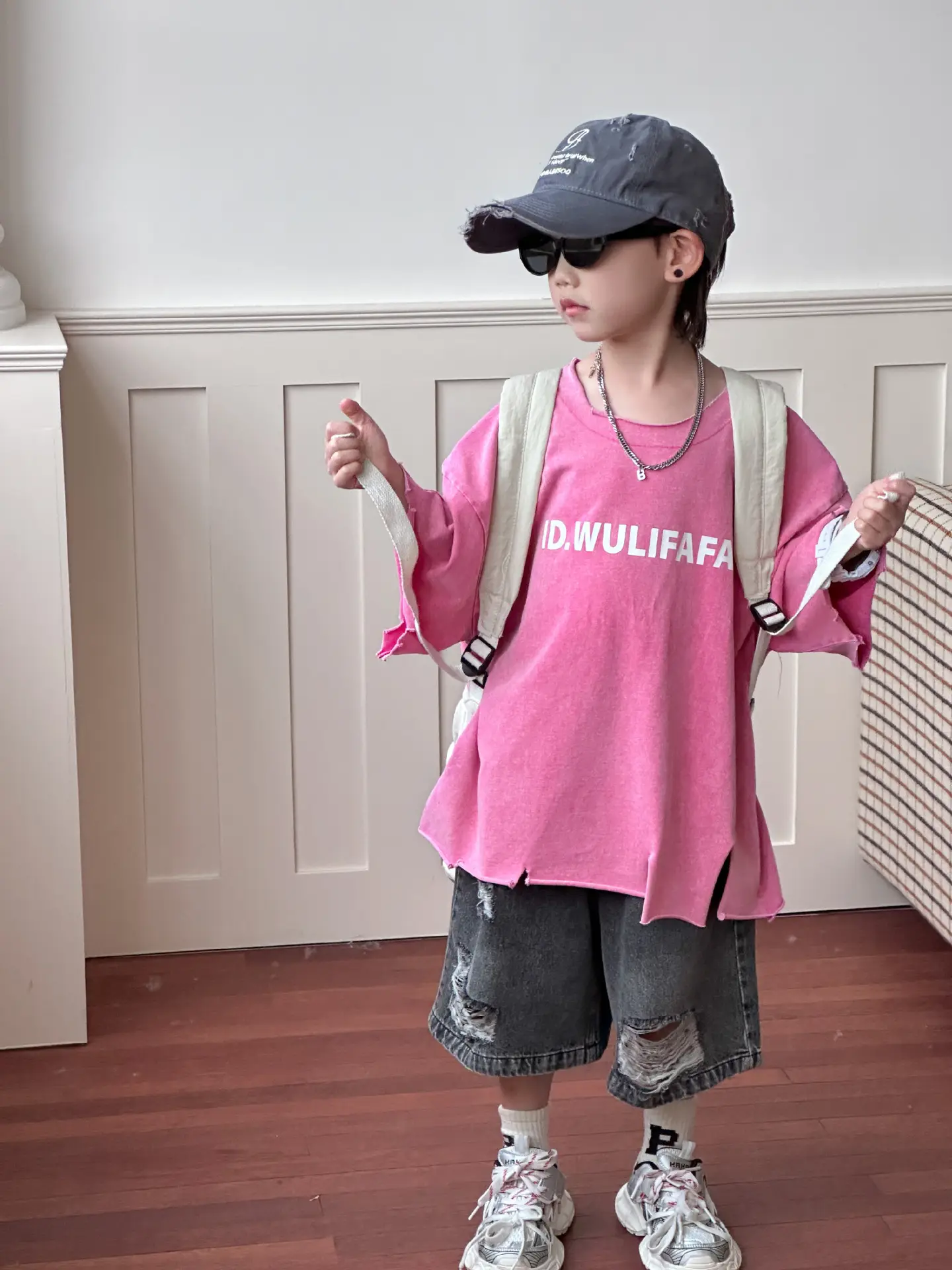 Pink Asymmetrical Kids T-Shirt with Cap & Shorts — feature 11