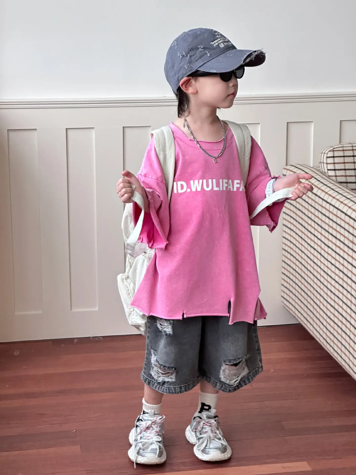 Pink Asymmetrical Kids T-Shirt with Cap & Shorts — feature 12