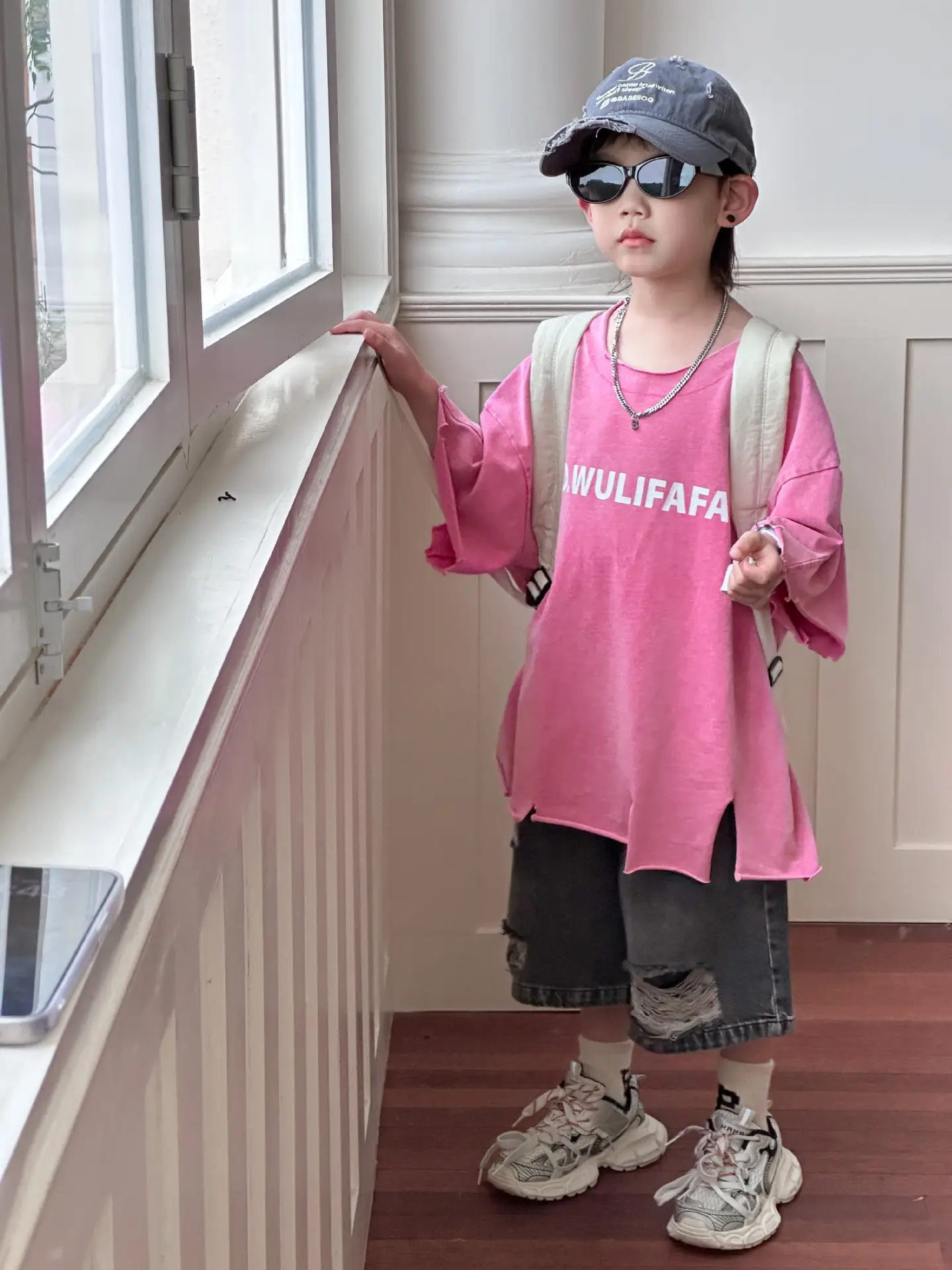 Pink Asymmetrical Kids T-Shirt with Cap & Shorts — feature 13