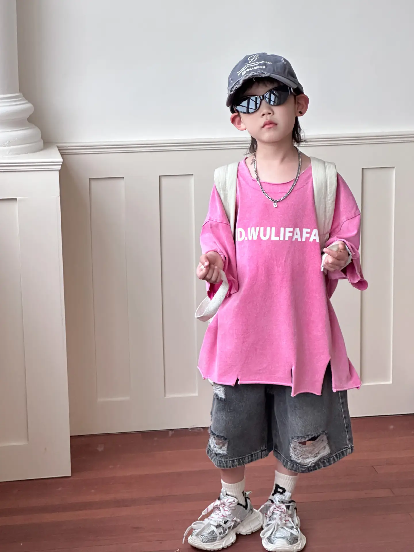 Pink Asymmetrical Kids T-Shirt with Cap & Shorts — feature 15