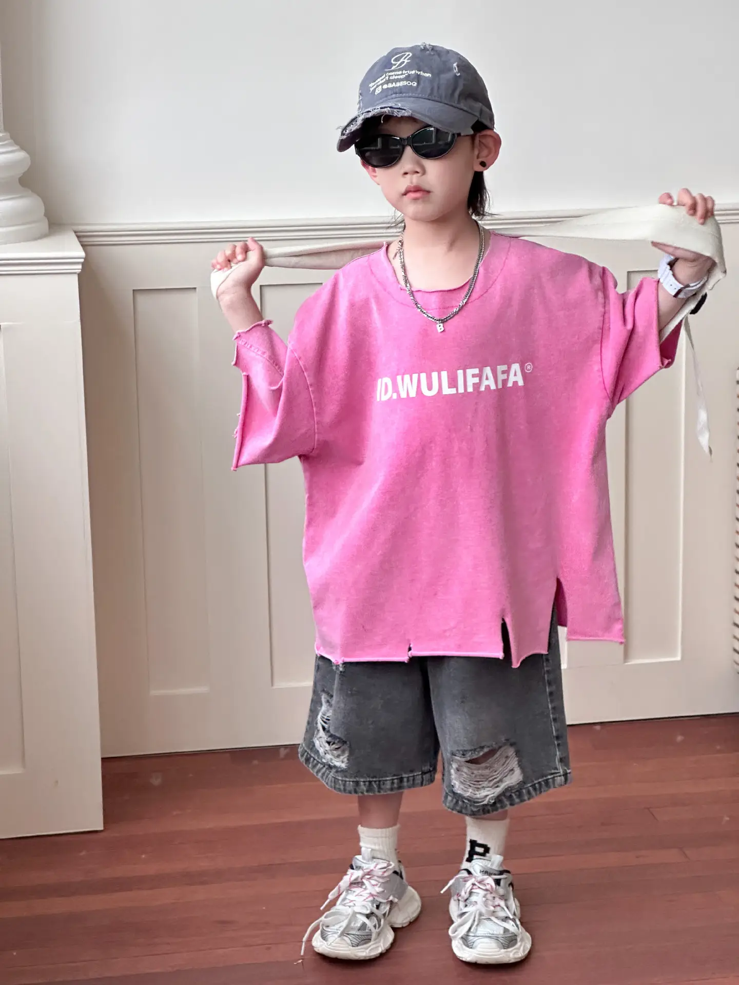 Pink Asymmetrical Kids T-Shirt with Cap & Shorts — feature 16