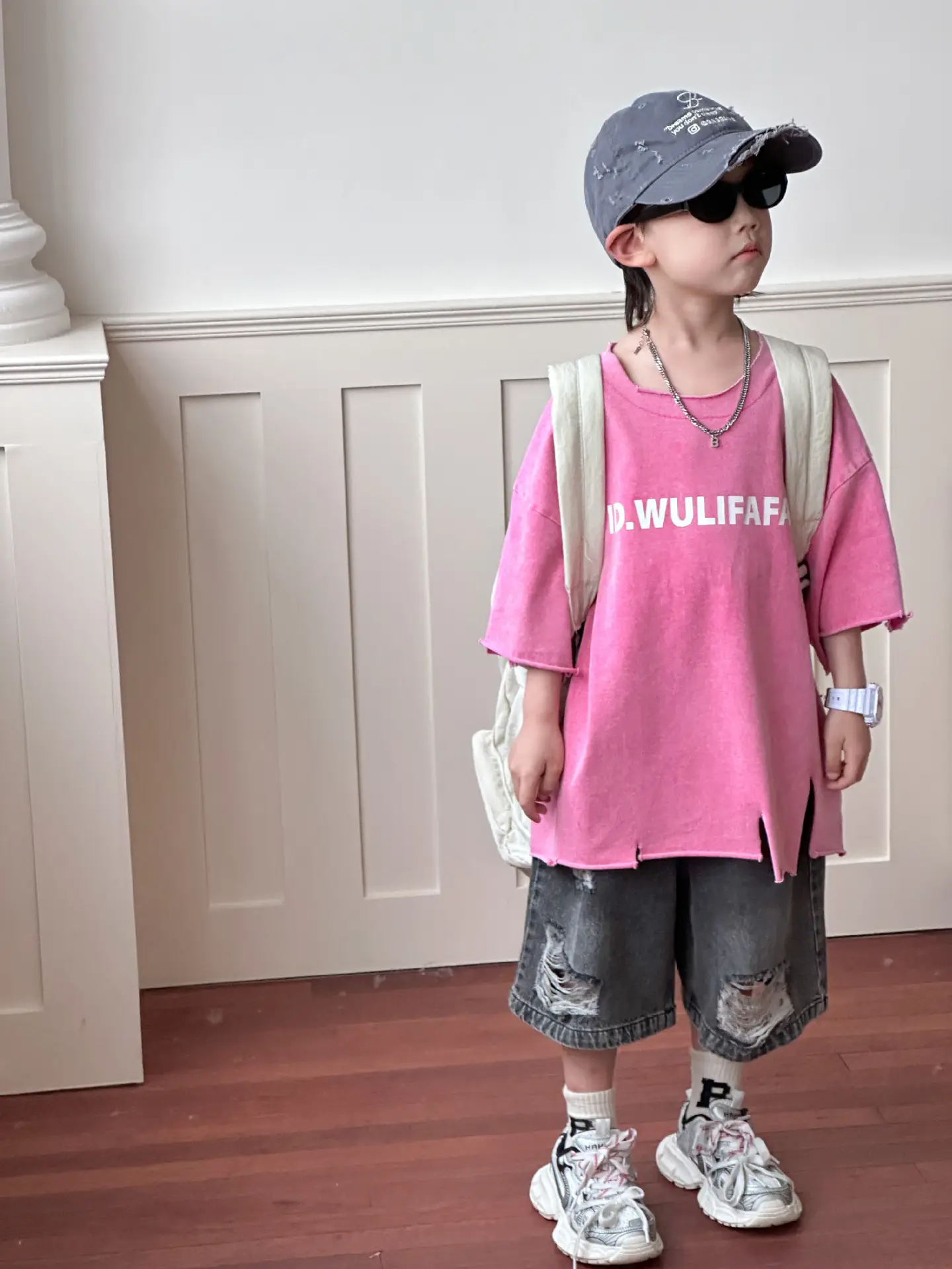 Pink Asymmetrical Kids T-Shirt with Cap & Shorts — feature 17