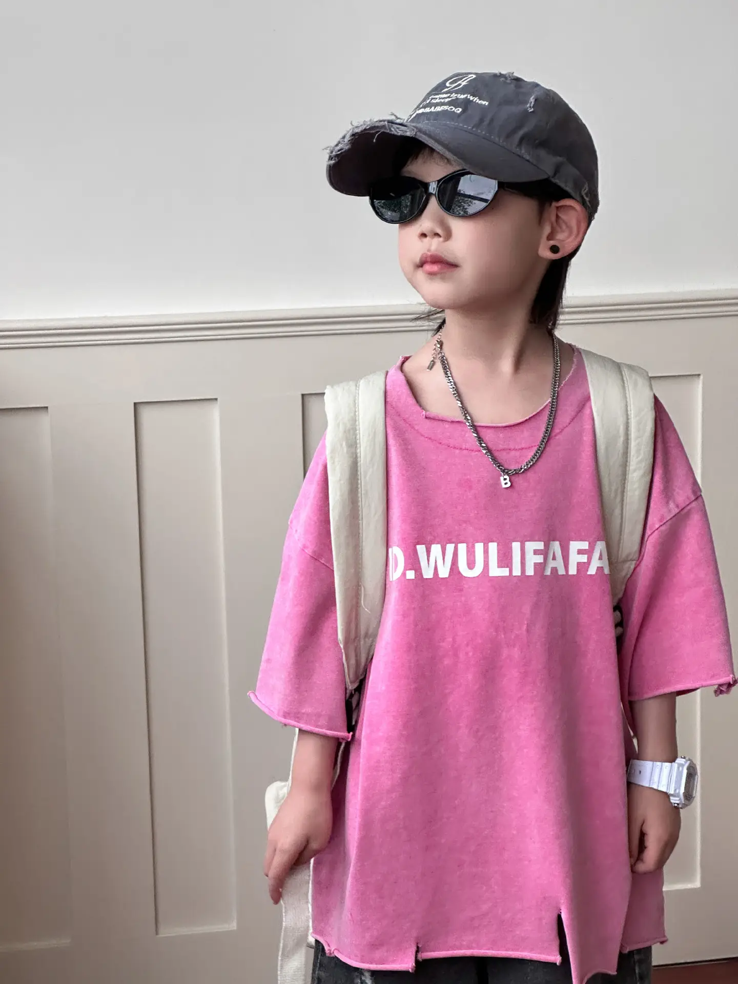 Pink Asymmetrical Kids T-Shirt with Cap & Shorts — feature 18