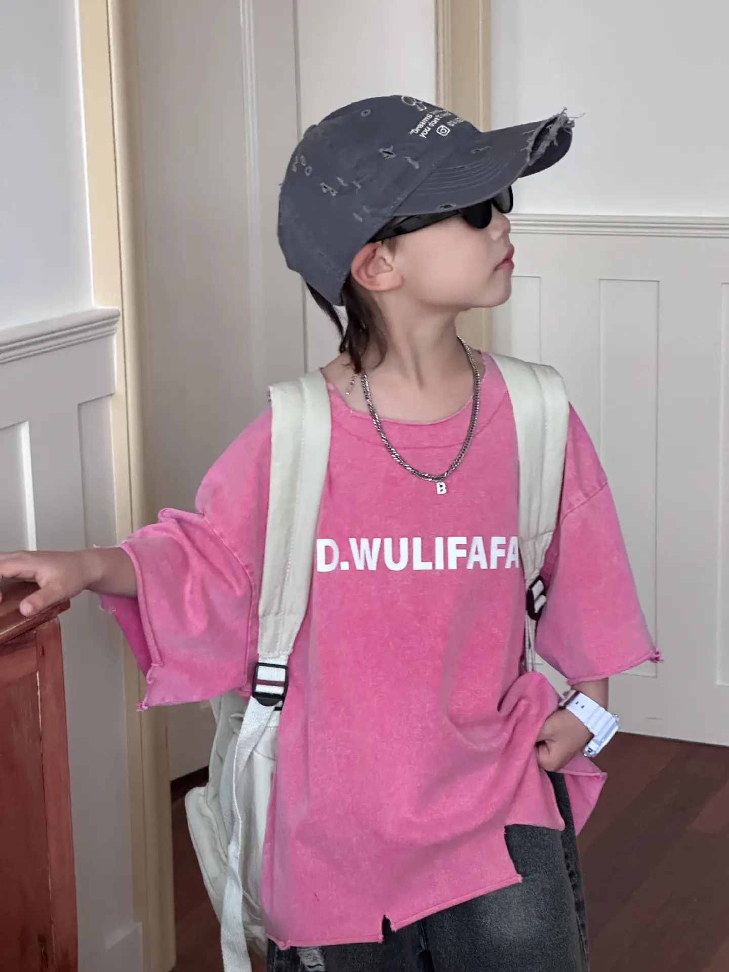 Pink Asymmetrical Kids T-Shirt with Cap & Shorts — feature 19