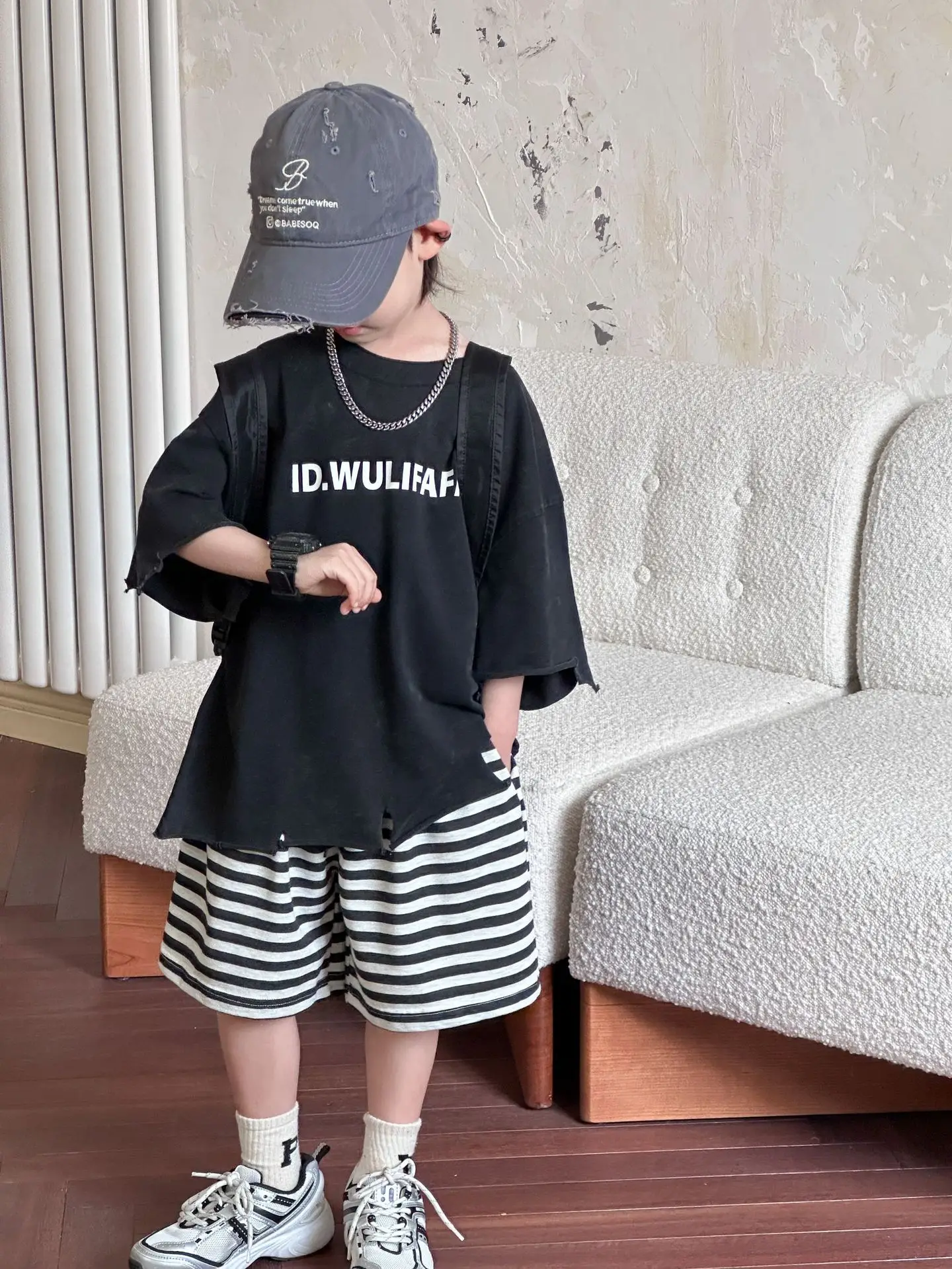 Pink Asymmetrical Kids T-Shirt with Cap & Shorts — feature 21