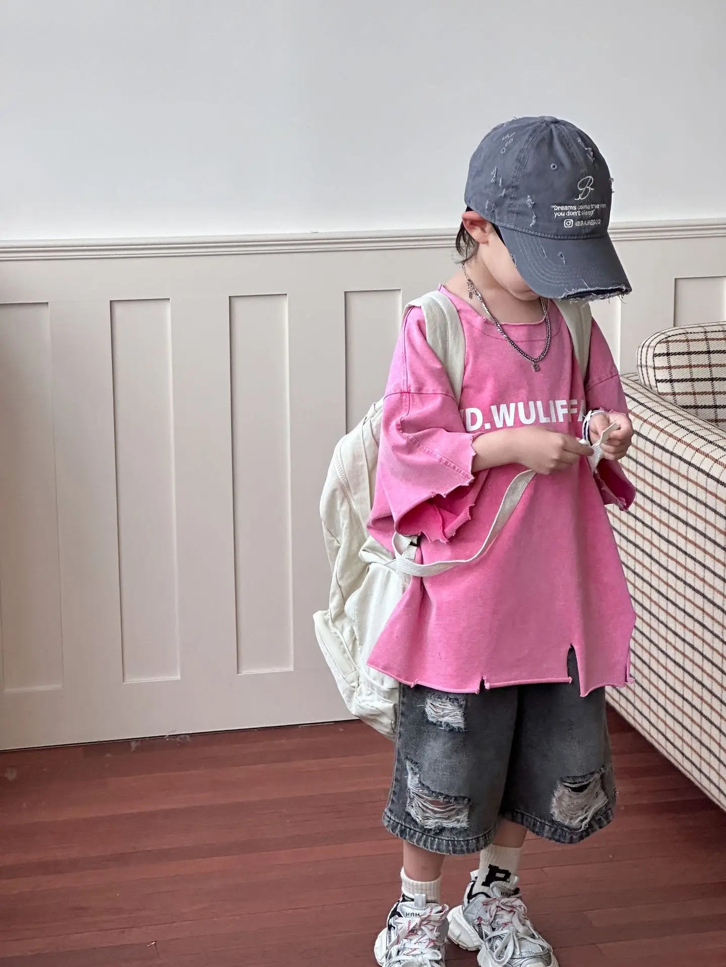 Pink Asymmetrical Kids T-Shirt with Cap & Shorts — feature 32