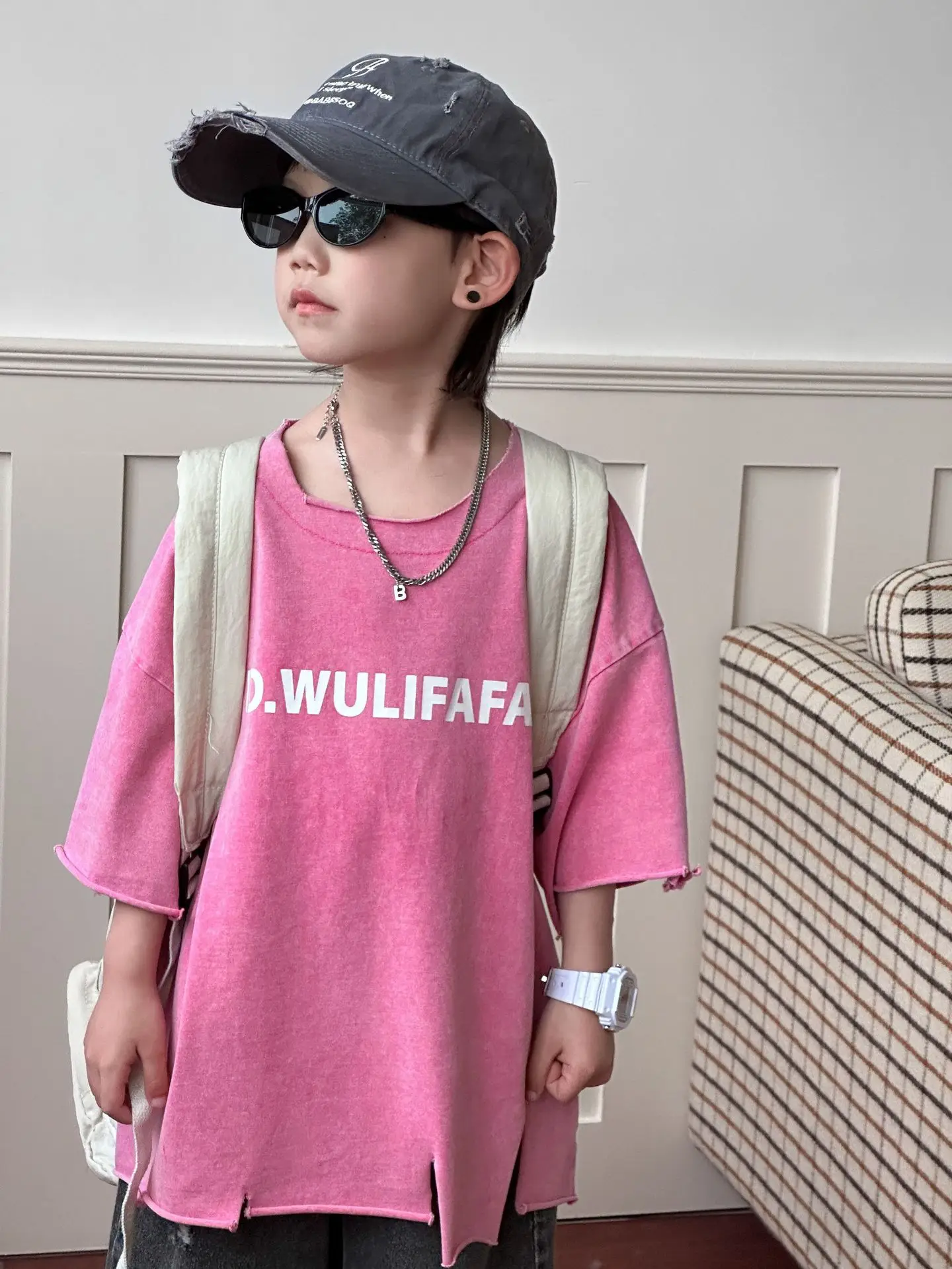 Pink Asymmetrical Kids T-Shirt with Cap & Shorts — feature 34