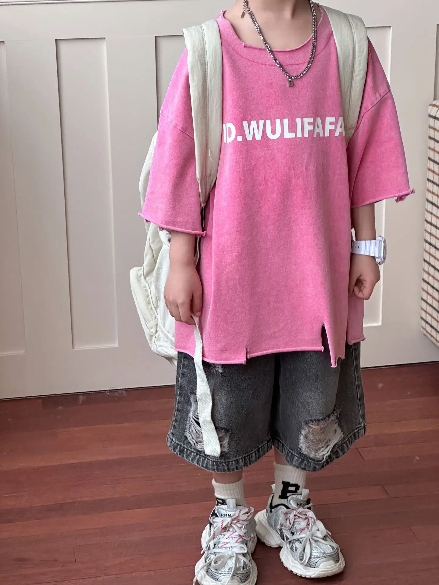 Pink Asymmetrical Kids T-Shirt with Cap & Shorts — feature 35