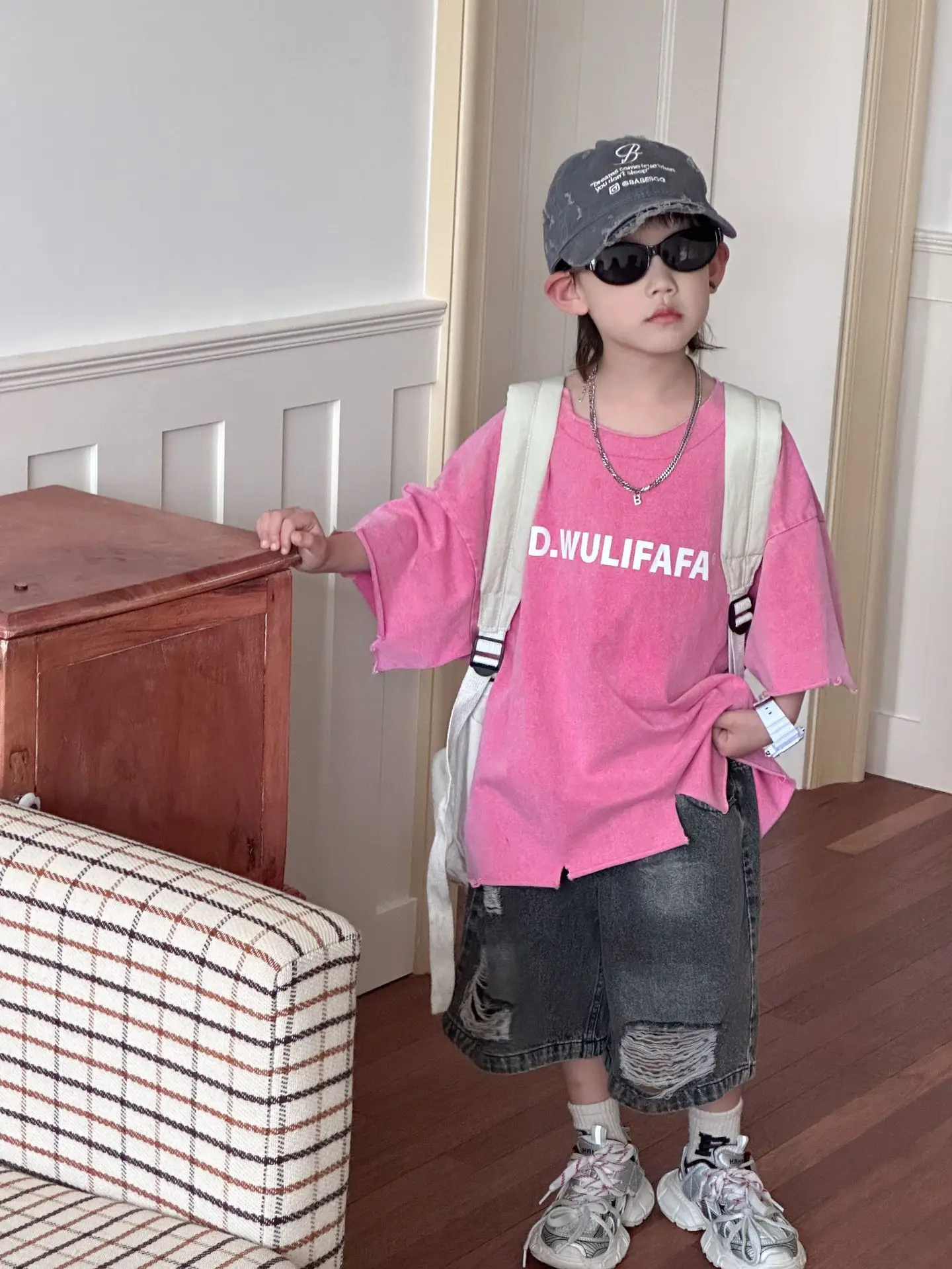 Pink Asymmetrical Kids T-Shirt with Cap & Shorts — feature 37