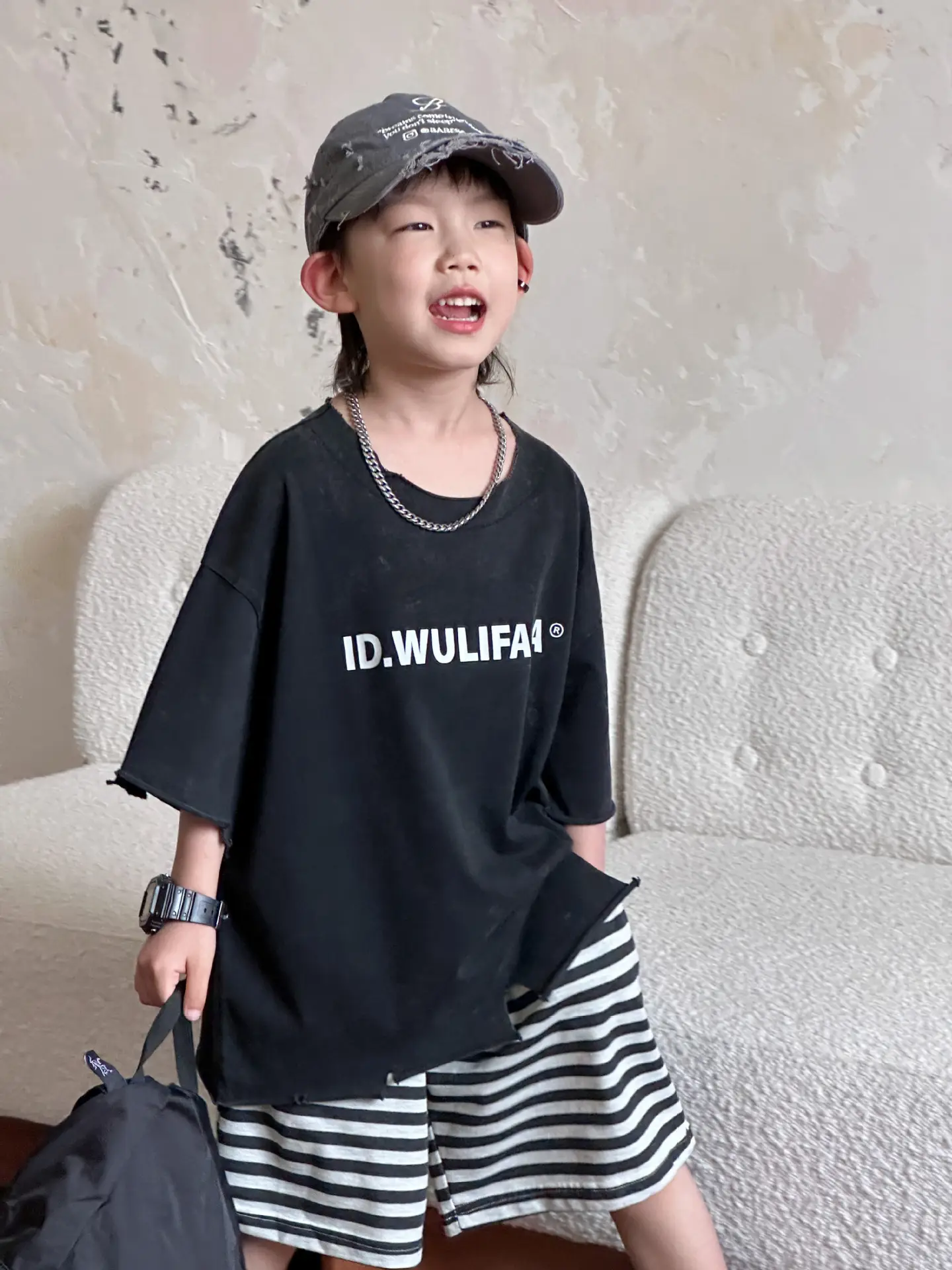 Pink Asymmetrical Kids T-Shirt with Cap & Shorts — feature 4