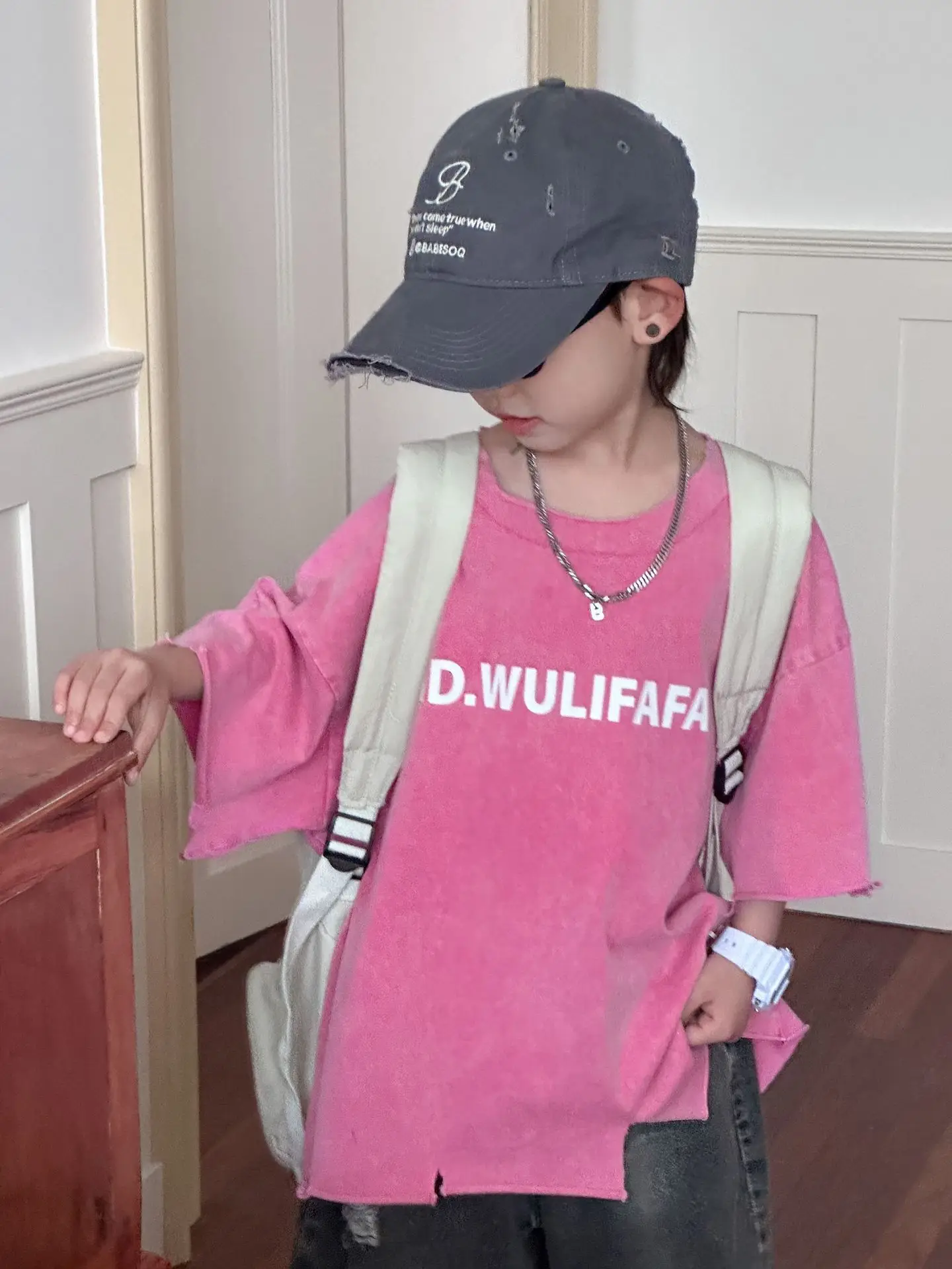 Pink Asymmetrical Kids T-Shirt with Cap & Shorts — feature 40
