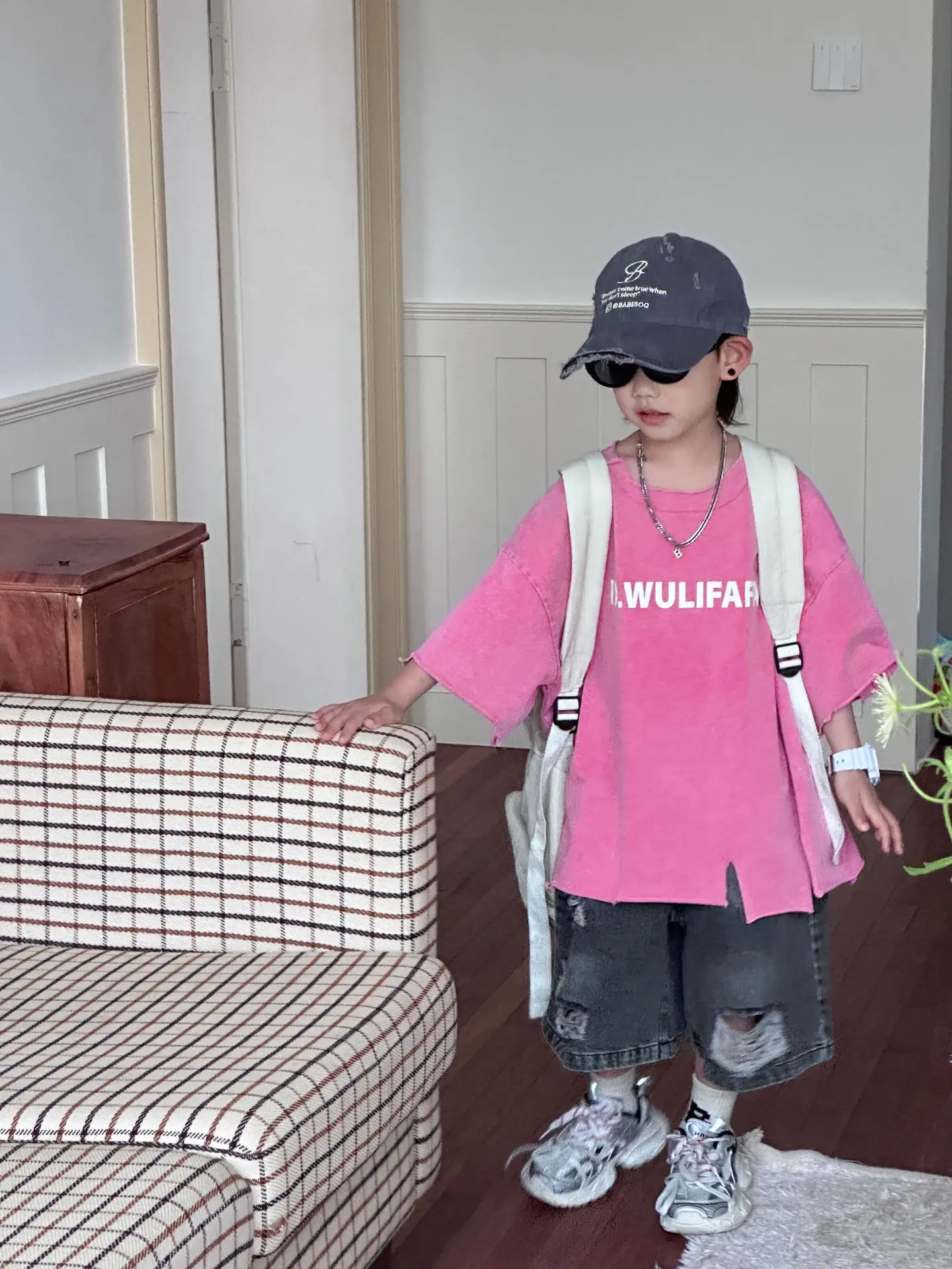 Pink Asymmetrical Kids T-Shirt with Cap & Shorts — feature 41