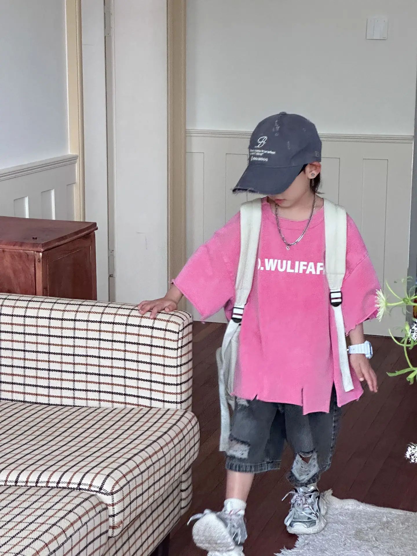 Pink Asymmetrical Kids T-Shirt with Cap & Shorts — feature 42