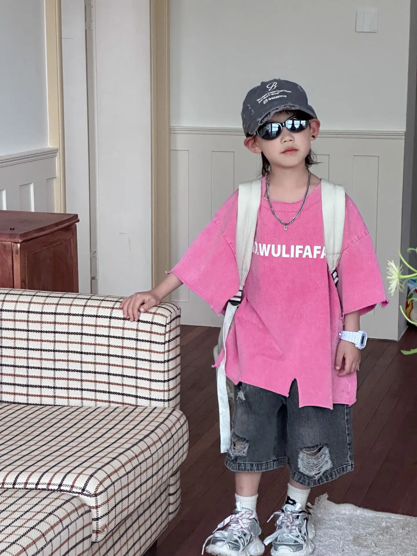 Pink Asymmetrical Kids T-Shirt with Cap & Shorts — feature 43