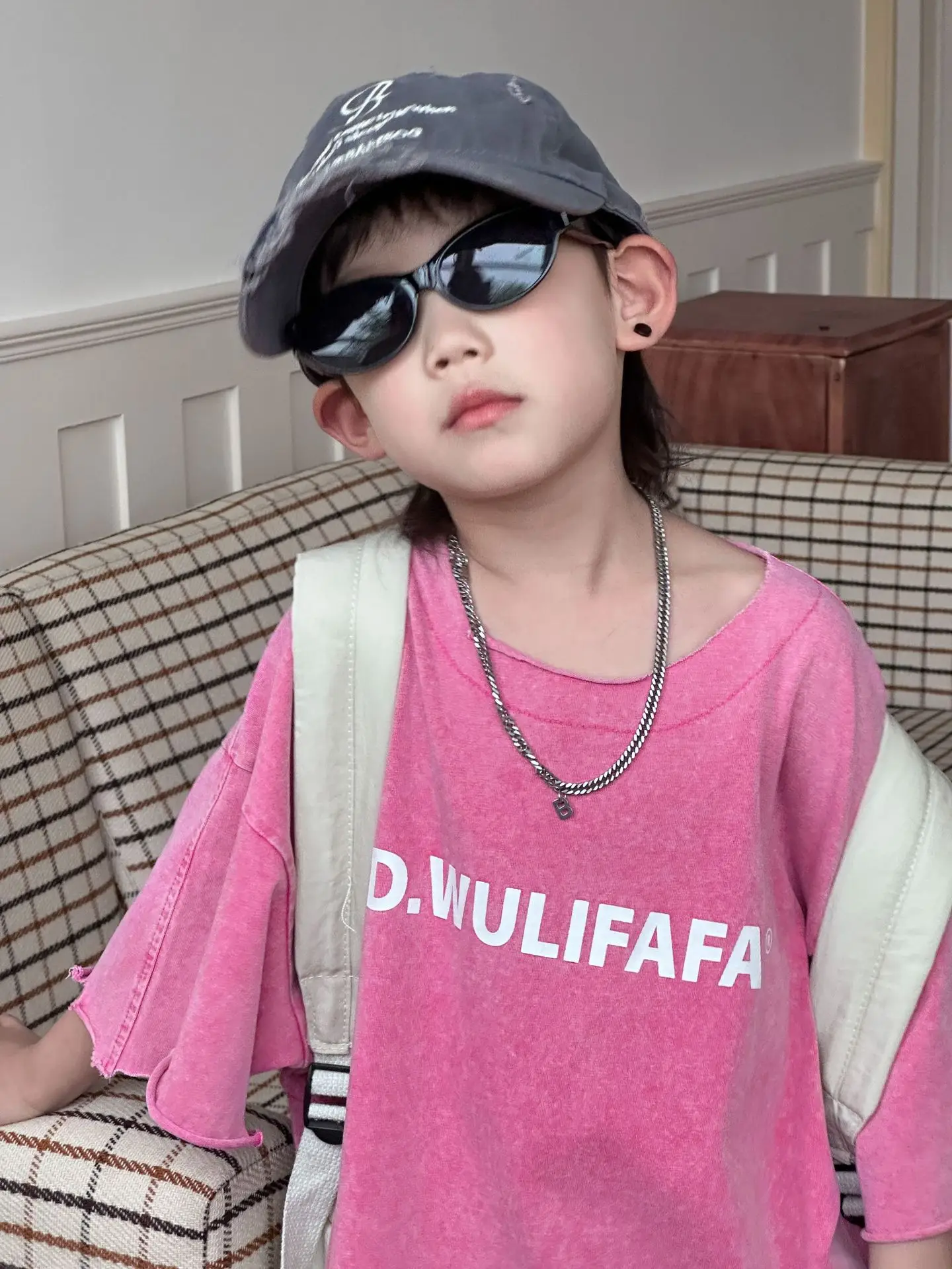 Pink Asymmetrical Kids T-Shirt with Cap & Shorts — feature 45