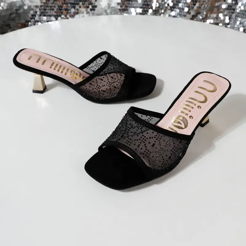 Cross-Border Exclusive Supply of High-Heeled Slip-On Women's Shoes with Thin Heels, Fashionable African Breathable Mesh Women's Heels Slippers — feature 5