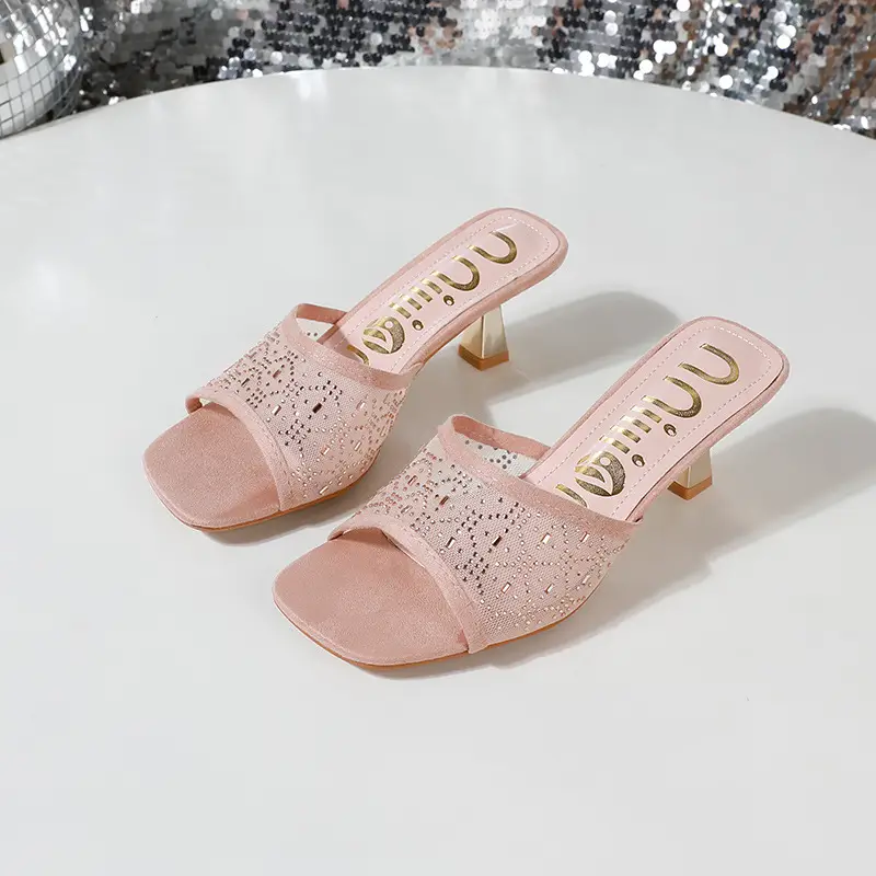 Cross-Border Exclusive Supply of High-Heeled Slip-On Women's Shoes with Thin Heels, Fashionable African Breathable Mesh Women's Heels Slippers