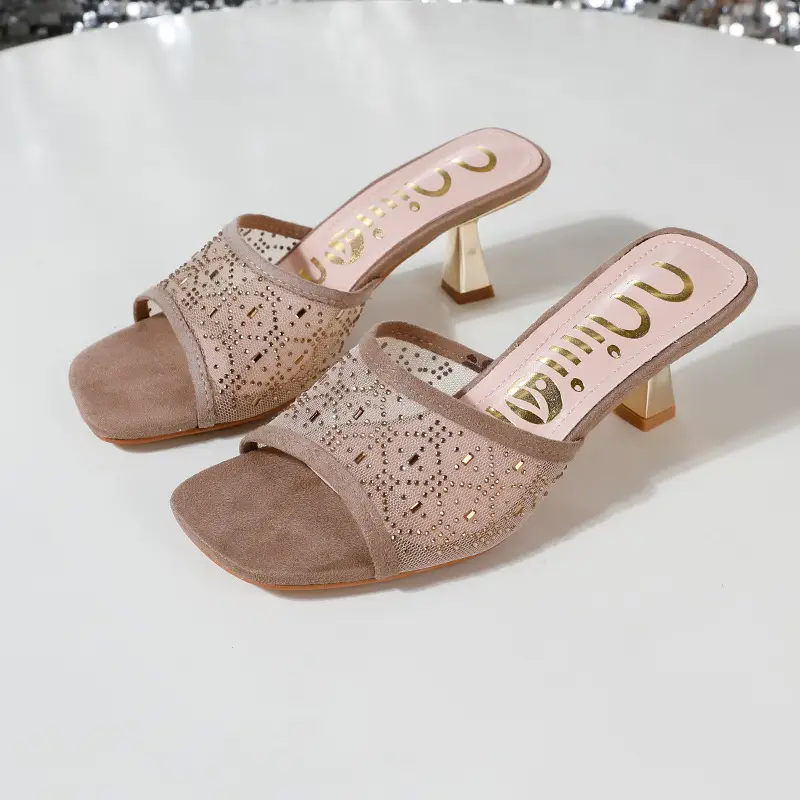 Cross-Border Exclusive Supply of High-Heeled Slip-On Women's Shoes with Thin Heels, Fashionable African Breathable Mesh Women's Heels Slippers