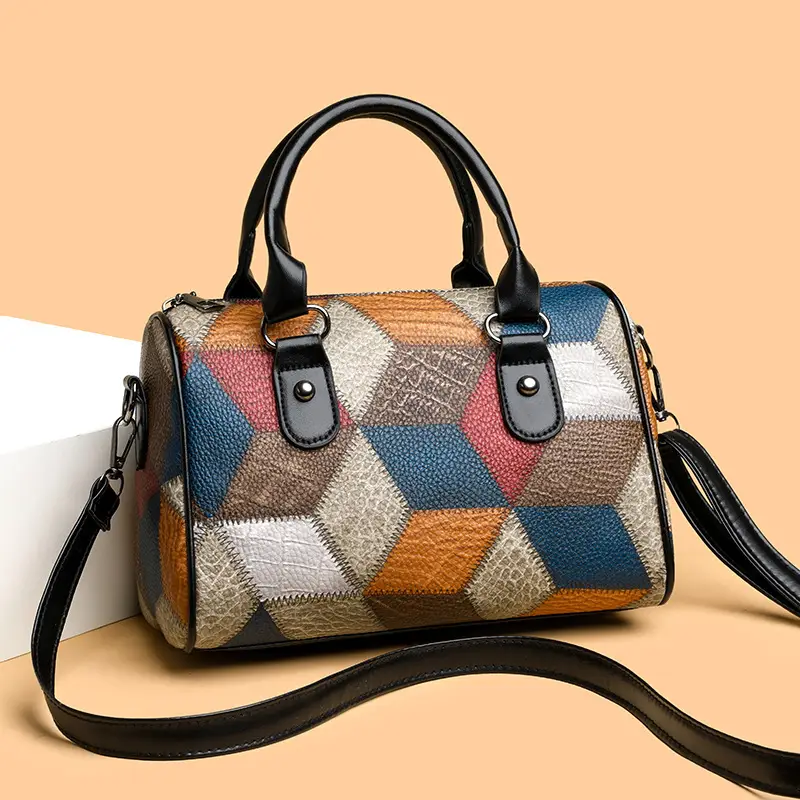 Crossbody Bag Geometric Plaid Pattern Brown Blue Red - Image 4