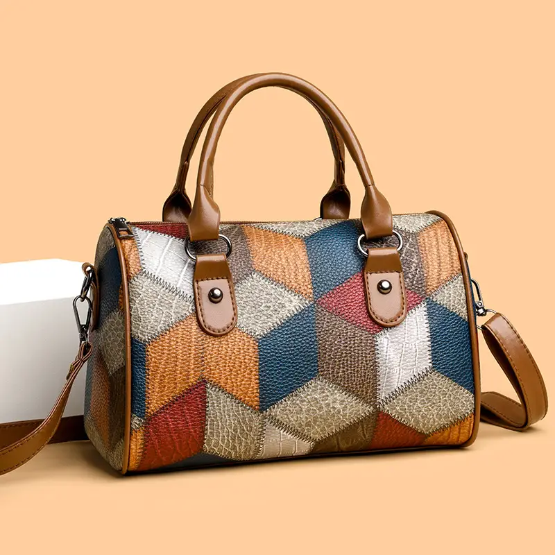 Crossbody Bag Geometric Plaid Pattern Brown Blue Red - Image 5