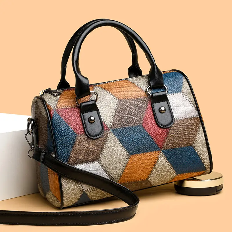 Crossbody Bag Geometric Plaid Pattern Brown Blue Red - Image 6