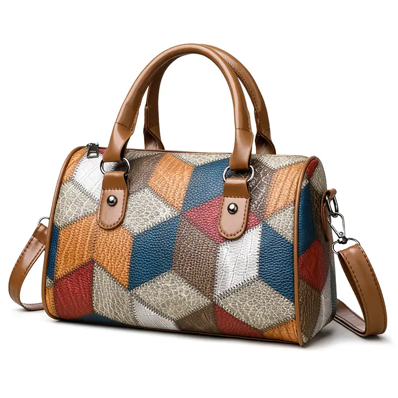Crossbody Bag Geometric Plaid Pattern Brown Blue Red - Image 7