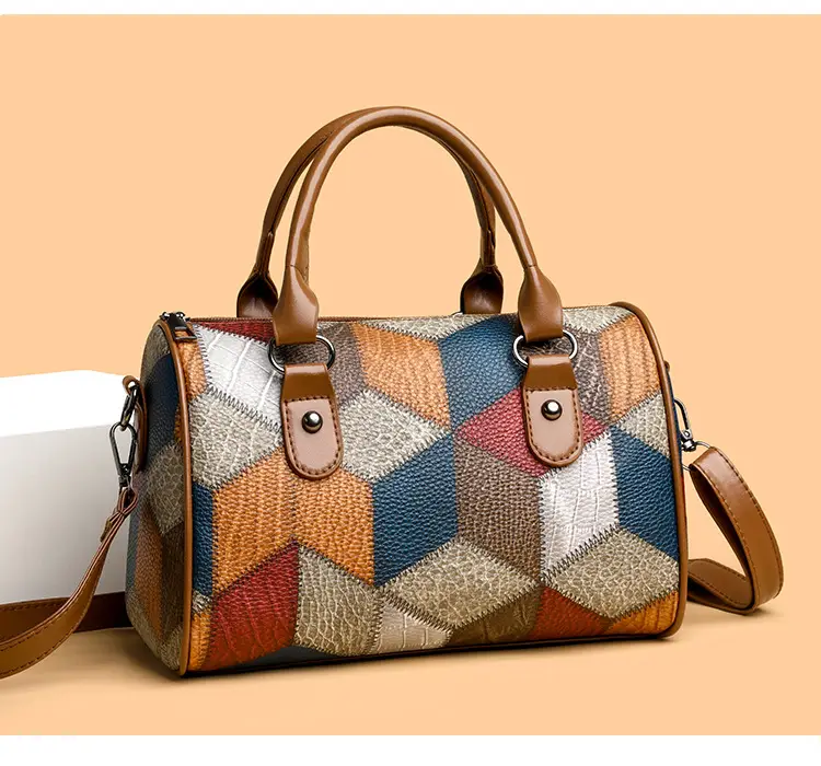 Crossbody Bag Geometric Plaid Pattern Brown Blue Red — feature 10