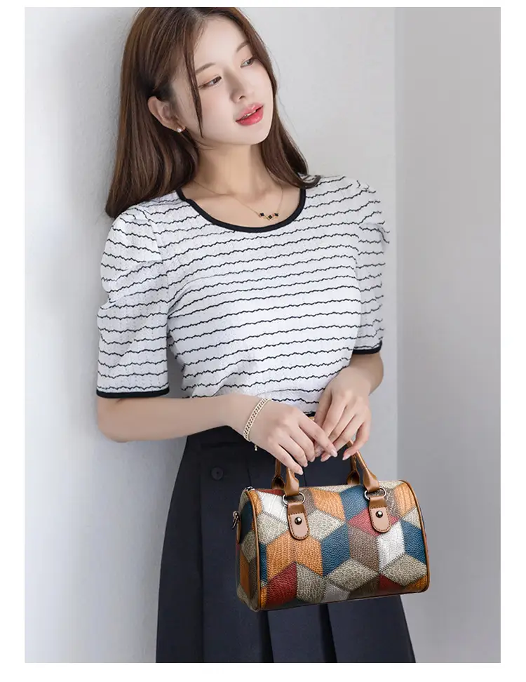 Crossbody Bag Geometric Plaid Pattern Brown Blue Red — feature 11