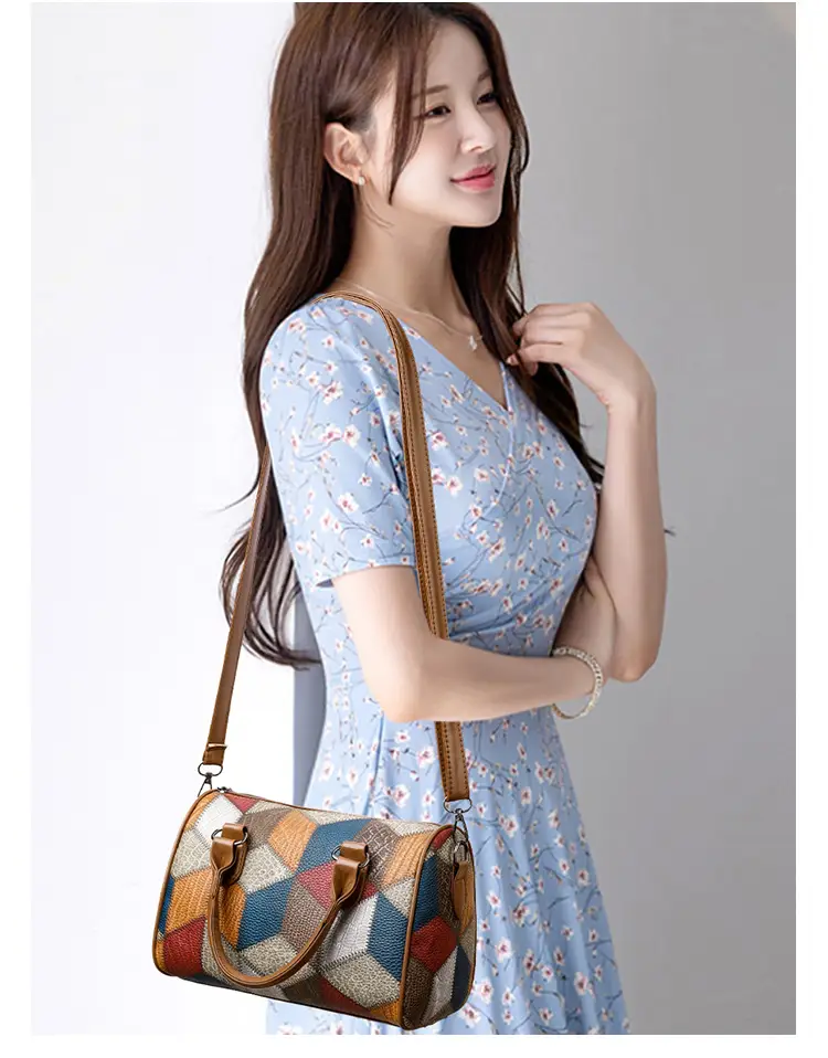 Crossbody Bag Geometric Plaid Pattern Brown Blue Red — feature 12
