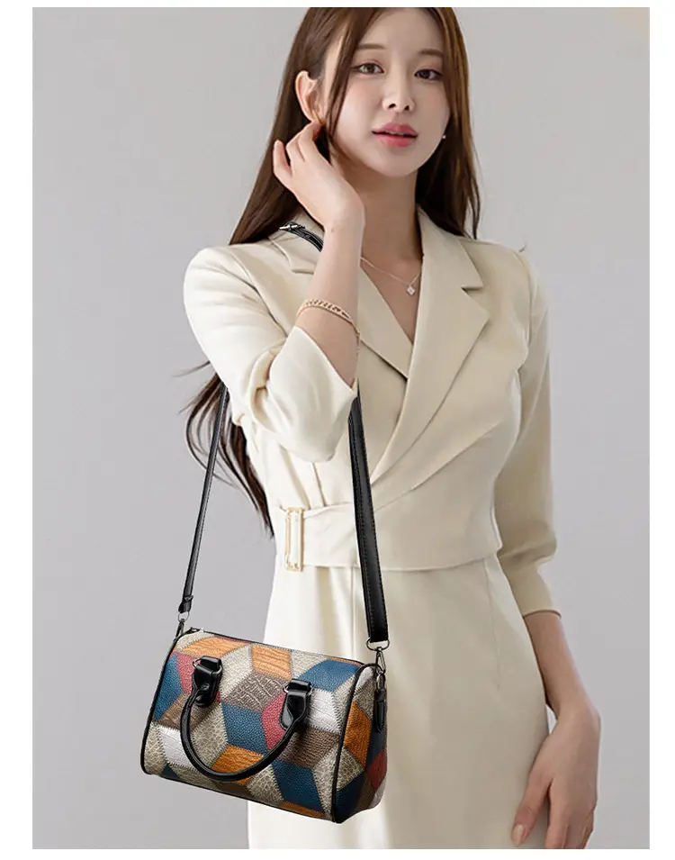 Crossbody Bag Geometric Plaid Pattern Brown Blue Red — feature 13