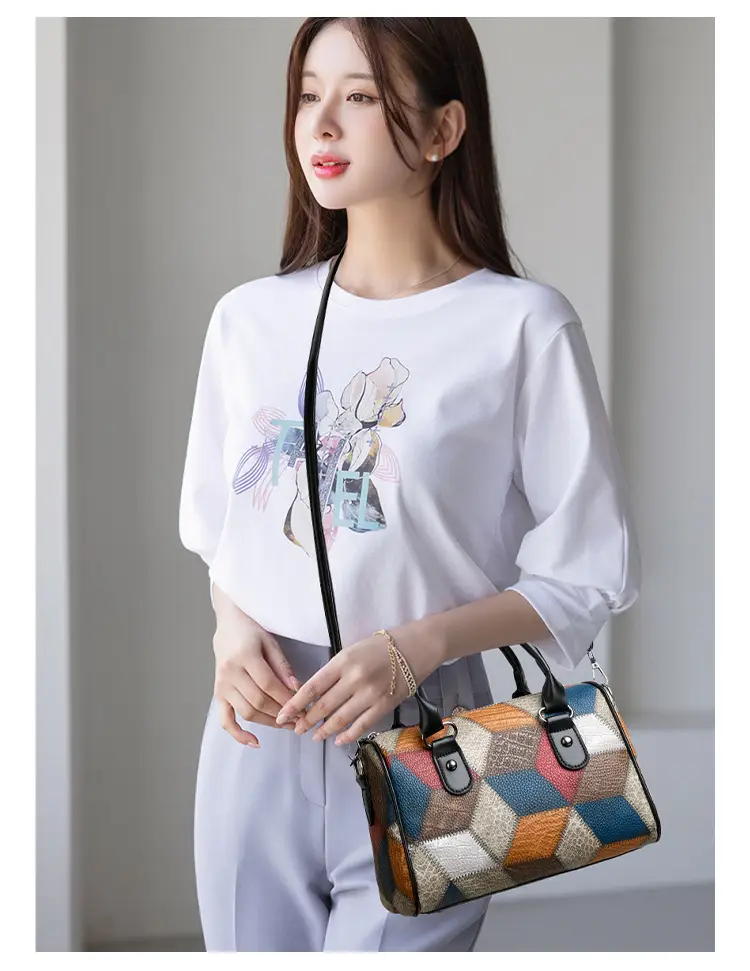 Crossbody Bag Geometric Plaid Pattern Brown Blue Red — feature 14