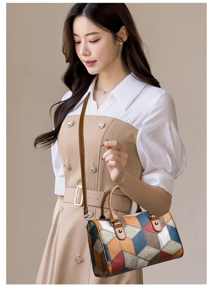 Crossbody Bag Geometric Plaid Pattern Brown Blue Red — feature 15