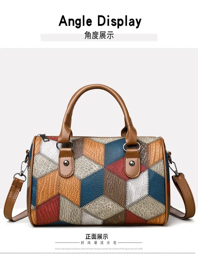 Crossbody Bag Geometric Plaid Pattern Brown Blue Red — feature 18