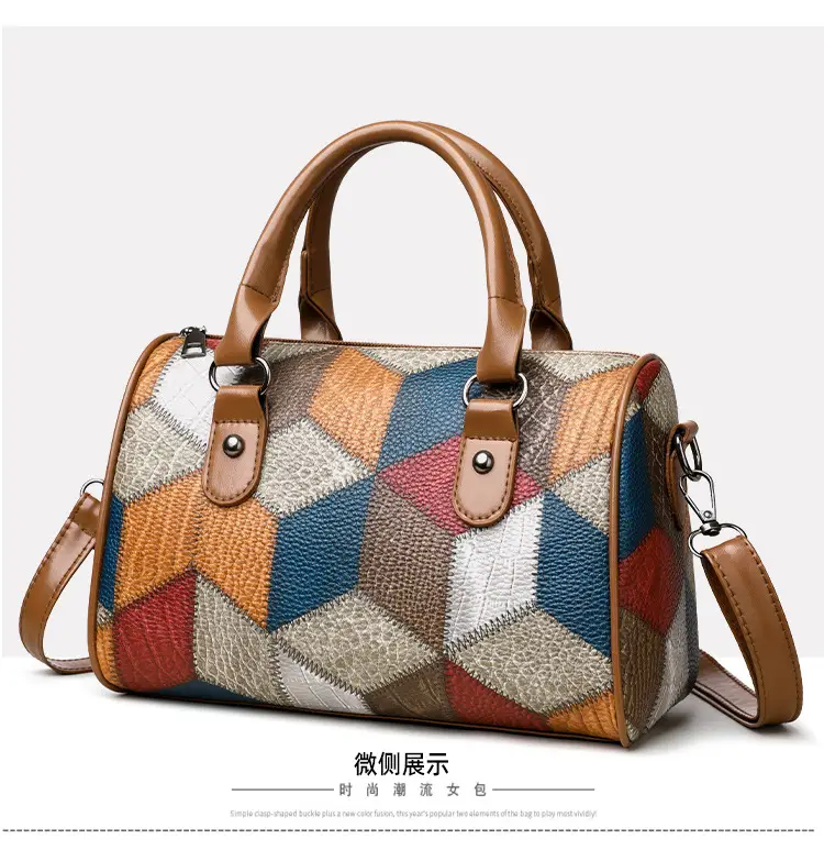Crossbody Bag Geometric Plaid Pattern Brown Blue Red — feature 19