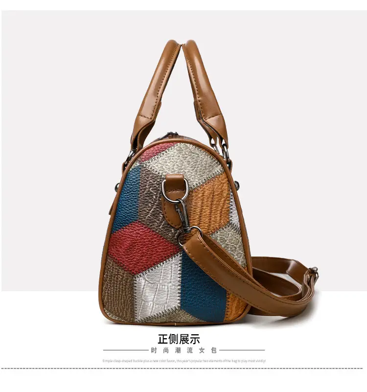 Crossbody Bag Geometric Plaid Pattern Brown Blue Red — feature 20