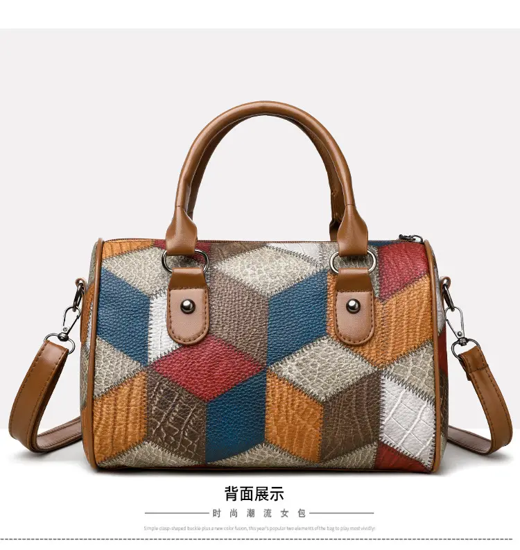Crossbody Bag Geometric Plaid Pattern Brown Blue Red — feature 21