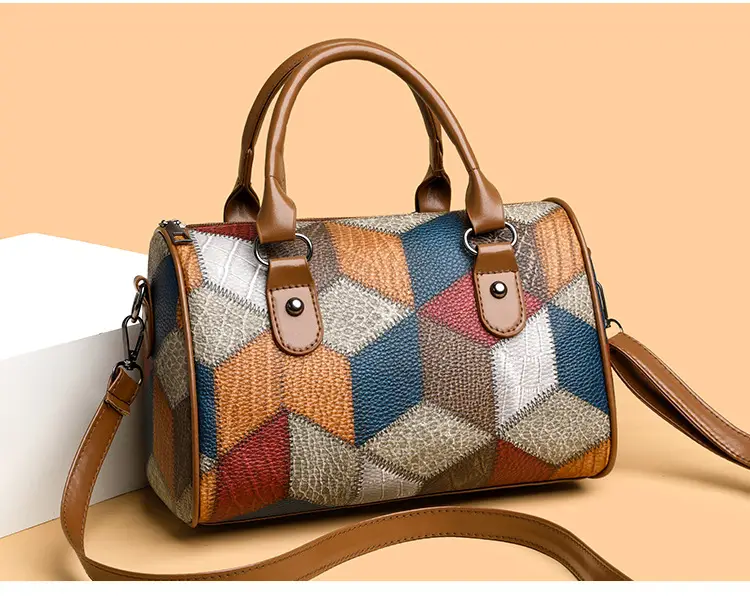 Crossbody Bag Geometric Plaid Pattern Brown Blue Red — feature 7