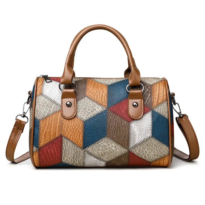 Crossbody Bag Geometric Plaid Pattern Brown Blue Red - Image 2