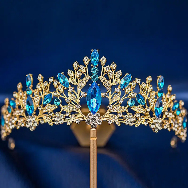 European & American Bride Crown with Red & Blue Crystal