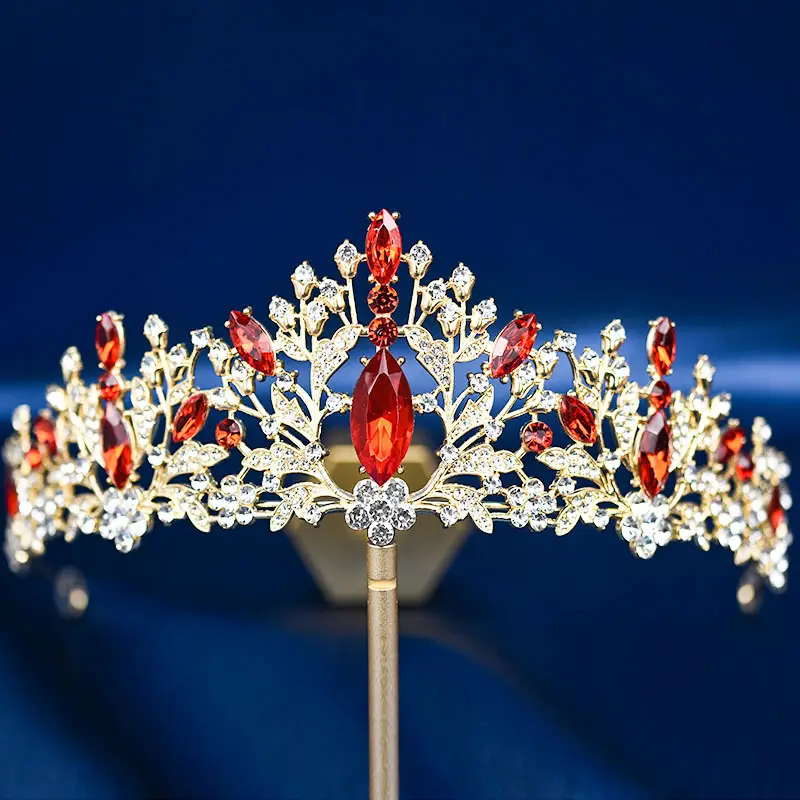 European & American Bride Crown with Red & Blue Crystal